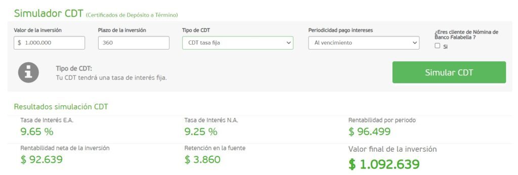 Simulador de CDT Banco Falabella Colombia